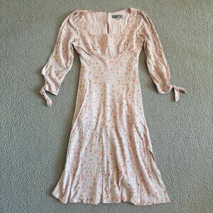 Audrey 3+1 Dress Pink Floral Midi Puff Sleeve Tie Boho Rayon Lined